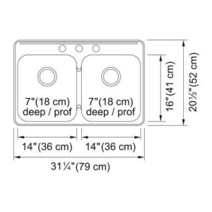Kindred QDL2031/7/3 QDL STEEL QUEEN Kitchen Sink, H-High-Gloss/Satin, Square, 14 in L x 16 in W x 7 in D Bowl, 3 Faucet Holes, 31-1/4 in L x 20-1/2 in W, Drop-In/Top Mount, 20 ga Stainless Steel