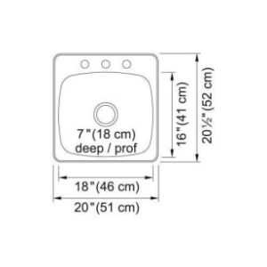 Kindred RSL2020-3 Reginox Drop-In Kitchen Sink, High Gloss Steel, Rectangular, 16 in L x 18 in W x Bowl x 7 in D Bowl, 3 Faucet Holes, 20 in W x 20-1/2 in L, Drop-In/Top Mounting