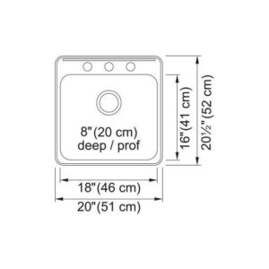 Kindred QSL2020-8-3 Kitchen Sink, H-High-Gloss/Satin, 18 in L x 16 in W x 8 in D Bowl, 3 Faucet Holes, 20 in L x 20-1/2 in W, Drop-In/Top Mount, 20 ga Stainless Steel