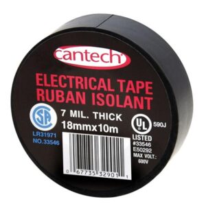 Cantech® 330-01 Electrical Tape, 20 m L 18 mm W, 7 mil THK, Natural Rubber Adhesive, PVC film Backing, Black