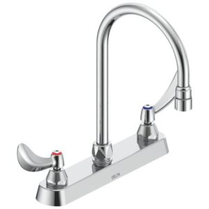 DELTA 26C3954 26C3 Deck-Mount Faucet, Commercial, 0.5 gpm Flow Rate, 8 in Center, Gooseneck Spout, Chrome, 2 Handles