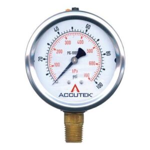 Accutek® PG-30SG25 Pressure Gauge, 0 to 30 psi, 1/4 in Connection, 2-1/2 in Dia Dial, 1.5 % Accuracy, Oil Filled
